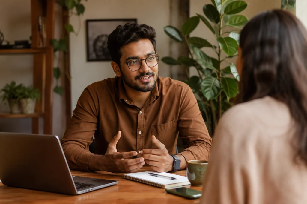 human photo — a small business owner talking to a customer