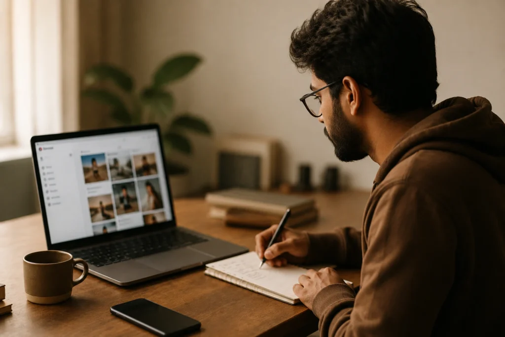 A simple photo or illustration of Vivek browsing a laptop.