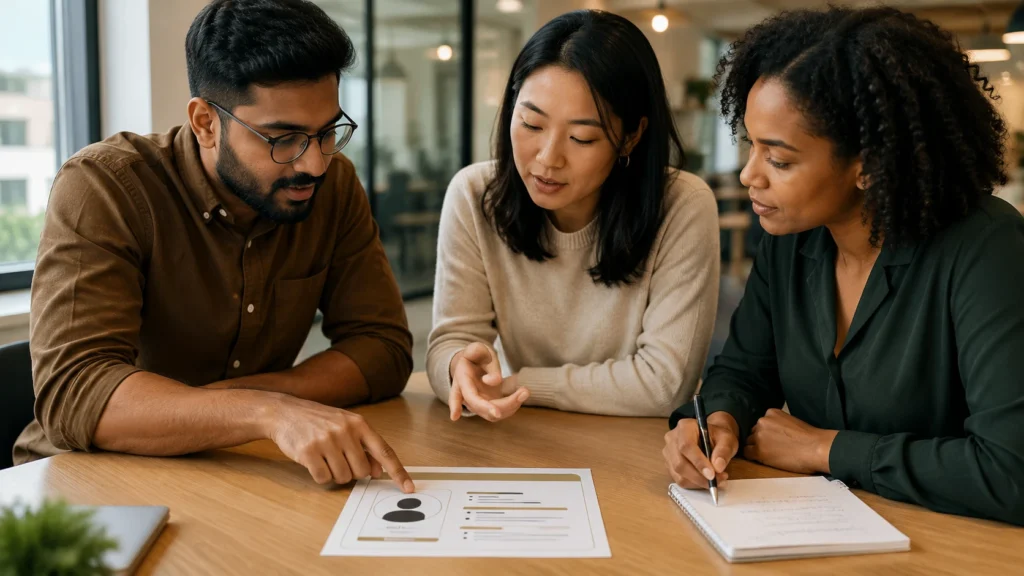 A photo or illustration of a small team looking at a persona card together.
